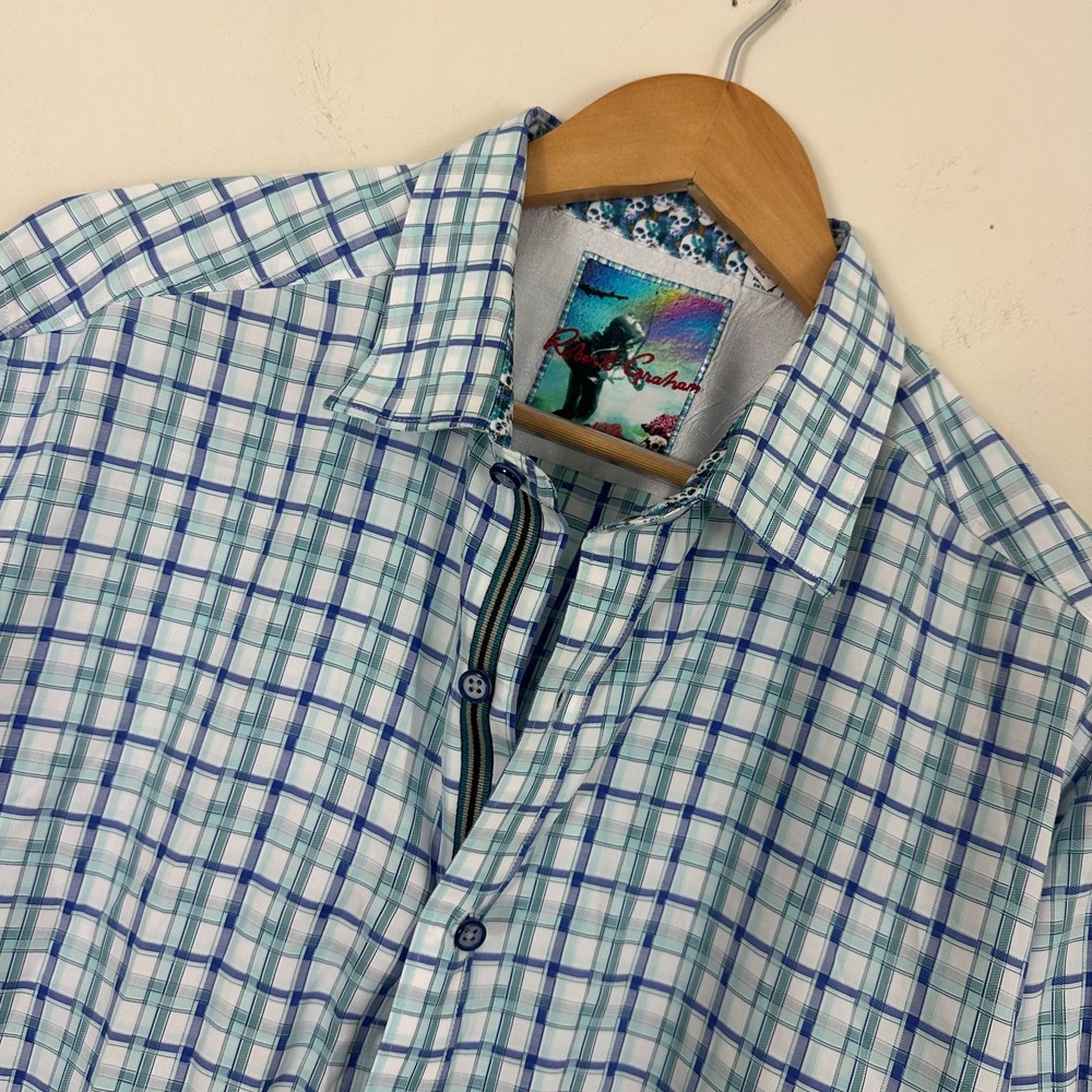 Robert Graham Skull Shirt Blue Green Plaid Cotton Classic Fit Button Up Mens XL